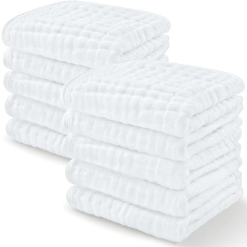 Baby Washcloths, Muslin Cotton Baby Towels, Large 10”x10” Wash Cloths Soft on Sensitive Skin, Absorbent for Boys & Girls, Newborn Baby & Toddlers Bibs & Burp Cloths Essentials Set (White, Pack of 10) - 10-Pack 10"X10"