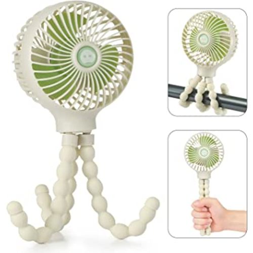 snawowo Mini Handheld Personal Portable Fan, Baby Stroller Fan, Car Seat Fan, USB or Battery Powered, with Flexible Tripod Clip on Student Bed Desk Bike Crib Treadmill Camping Traveling(Beige)
