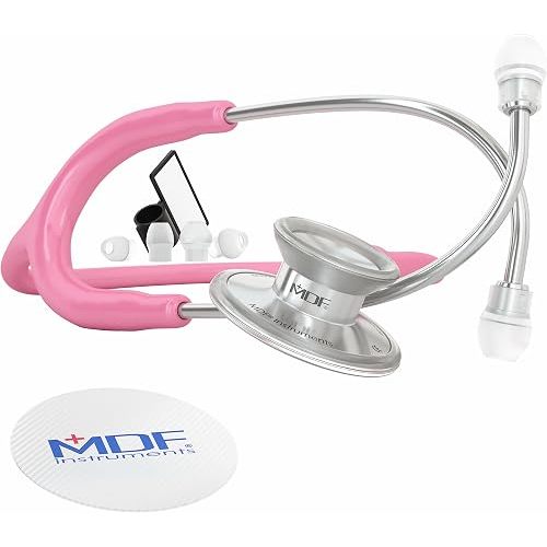 MDF Instruments, Acoustica Lightweight Stethoscope for Doctors, Nurses, Students, Home Health Use, Adult, Dual Head, Pink Tube, Silver Chestpiece-Headset, MDF747XP01