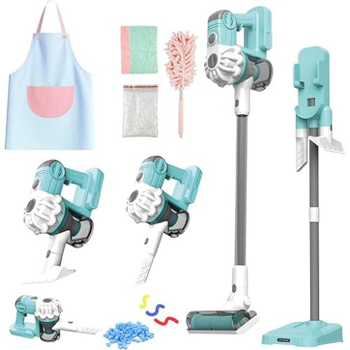 SMILESSKIDDO Kids Vacuum That Really Works - 3-in-1 Toy Vacuum with Real Suction, Apron, Cleaning Cloth, Duster & Colorful Beads, Toddler Cleaning Toy Set, Housekeeping Toy Gifts for Girls & Boys