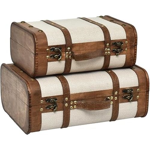 Wooden Vintage Suitcases Set - 2 Sizes, Antique Decorative Storage Chests with Lids, Retro Travel Trunks for Home Décor, Beige