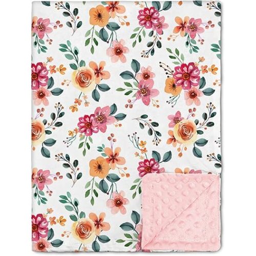 Nialnant Floral Baby Blankets for Girls, Super Soft Plush Baby Girl Blanket, Double Layer Dotted Backing Toddler Blanket, Machine Washable Newborn Blankets Nursery Decor