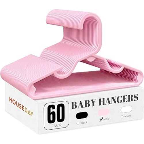 HOUSE DAY Plastic Baby Hangers for Closet 60 Pack, Durable Plastic Kids Hangers for Baby Clothes, Thin & Compact Childrens Hangers, Space Saving Pink Baby Hanger, Small Hanger for Kids Clothes