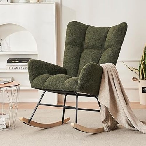 Nursery Rocking Chair, Upholstered Teddy Bear Nursing Chair for Breastfeeding, Modern Glider Rocker Chair for Baby Nursery (Green)