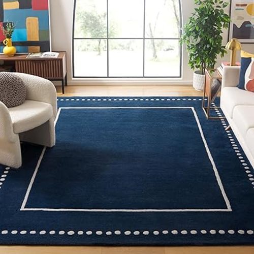 SAFAVIEH Bella Collection Area Rug - 8' x 10', Navy Blue & Ivory, Handmade Dotted Border Wool, Ideal for High Traffic Areas in Living Room, Bedroom (BEL151G)