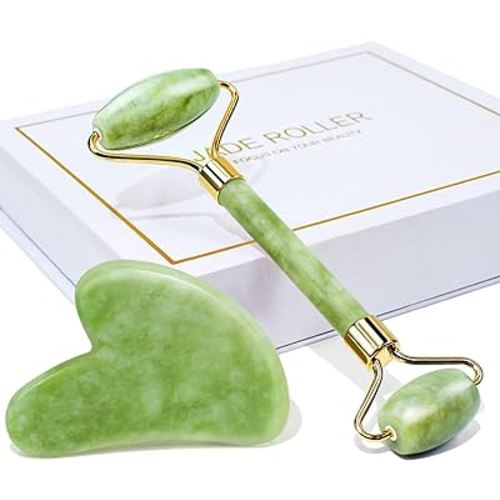 BAIMEI Gua Sha & Jade Roller Facial Tools Face Roller and Gua Sha Set for Skin Care Routine and Puffiness, Self Care Gift for Men Women - Green