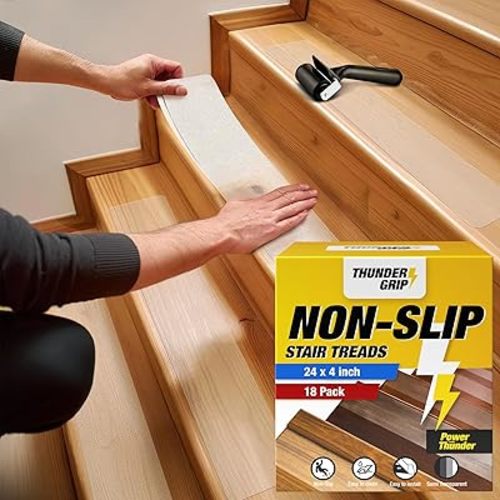 Clear Stair Treads Non-Slip 24"x4" - 18-Pack Indoor Stair Grips Non Slip for Wooden Steps - Anti Slip Adhesive Strips for Dogs & Elderly - Staircase Step Treads - Transparent Treads for Wood Stairs