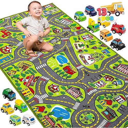 JOYIN Kids Play Rugs - 12 Pull-Back Vehicle Set - Durable Carpet Playmat Rug - City Pretend Play - Toddler Car Track Rug