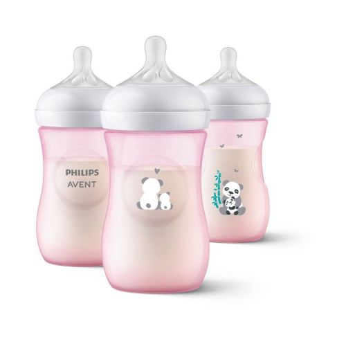 Philips Avent Natural Baby Bottles with Response Nipples - Pink Panda Design - 9oz/3pk: BPA-Free, Silicone Nipple