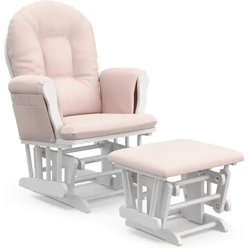 Storkcraft Premium Hoop Glider and Ottoman (White Base, Pink Cushion) – Padded Cushions with Storage Pocket, Smooth Rocking Motion, Easy to Assemble, Solid Hardwood Base