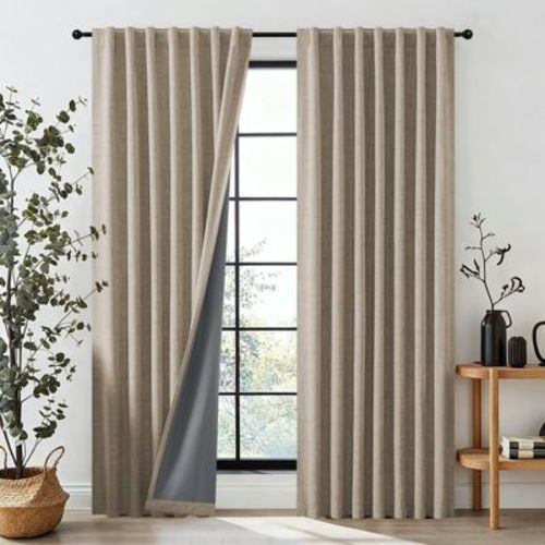 JoyDeco 52" x 108" Linen Thermal Insulataed Faux Linen Textured 100% Blackout Curtains for Bedroom Rod Pocket & Back Tabs (Set of 2)