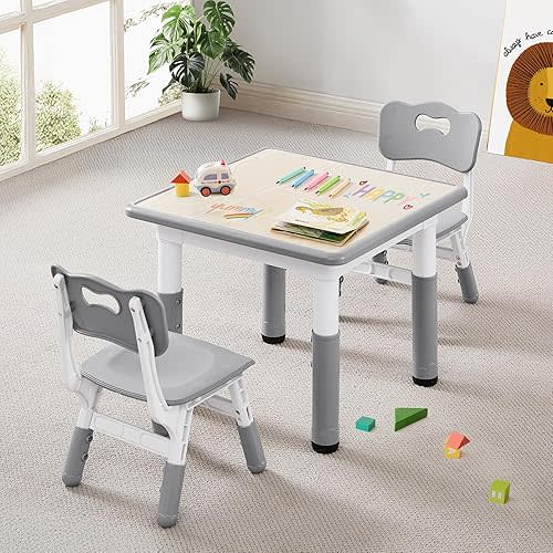 Kids Table & Chairs Set (2 Chairs) Height Adjustable for Ages 2-8 | Non-Slip Toddler Activity Table with Wipe-Clean Desktop, Montessori Learning & Art Drawing Table for Home Preschool