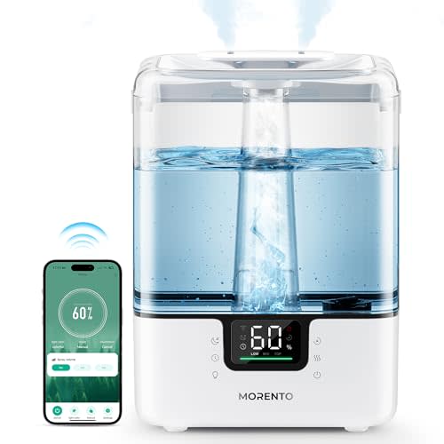 MORENTO Smart Humidifiers for Bedroom Large Room Home, 6L Cool Mist Top Fill Humidifier with Essential Oil Diffuser, Smart App & Voice Control, for Nursery & Plants, White, 1 Pack + 7 Color NightLight