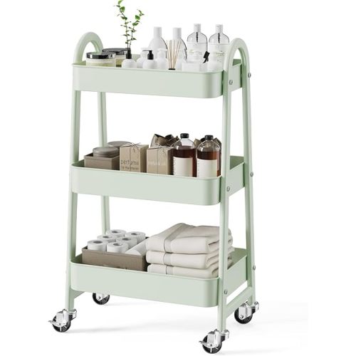 SMUG 3 Tier Rolling Cart - Metal Utility Carts on Lockable Caster Wheels, Mobile Storage Shelves Organizer for Livingroom, Bathroom, Kitchen, Bedroom & Narrow Places, Green