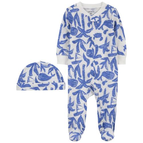 Baby Whale Cotton Sleep & Play & Cap Set - 9M - Style,White/Blue