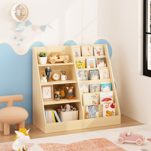 Kids Bookshelf and Toy Storage Organizer, Multifunctional 4 Tier Wooden Kids Book Shelf with Bookcase Display Stand in Kids Room Playroom Nursery for Kids, Children, Toddlers (Natural)