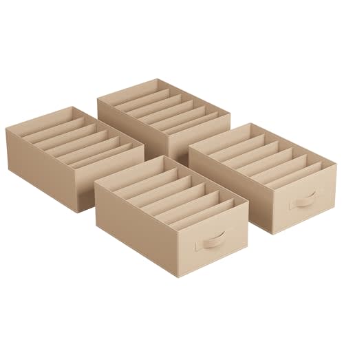 SONGMICS Set of 4 Large Size Wardrobe Clothes Organizers, 6-Compartment Foldable Drawer Organizers with Handles, 16.5 x 11.8 x 6.7 Inches, for Pants, Sweaters, Jeans, Sand Beige URUS009K01