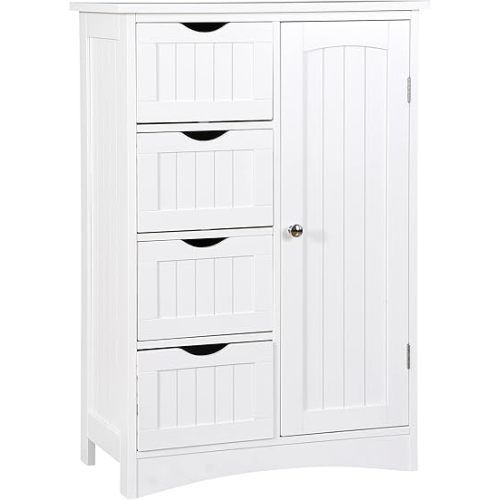 Wooden Floor Storage Cabinet with 4 Drawers and 1 Door, Freestanding Bathroom Storage Cabinet, Side Storage Organizer, Entryway Unit Console Table for Bathroom, Living Room, Home Decor, White