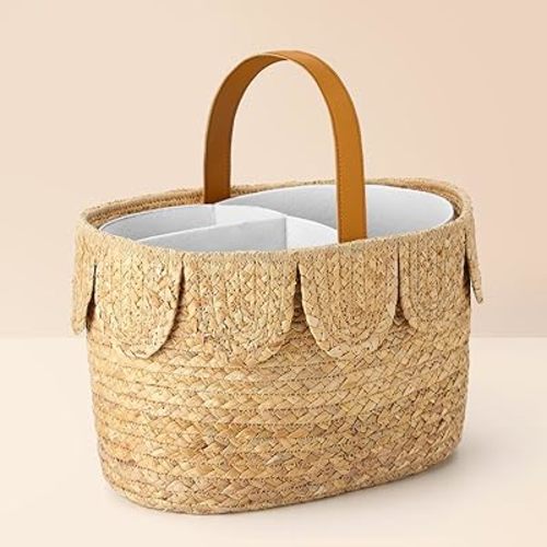 Baby Diaper Caddy Organizer Scalloped Rattan Basket with Handle Wicker Diaper Caddy Woven Scalloped Diaper Caddy Basket Nursery Storage Basket for Baby Shower Gifts