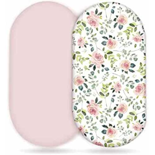 GRSSDER Stretchy Ultra Soft Baby Fitted Bassinet Sheet Set 2 Pack, Universal Cradle for Rectangle, Oval, or Hourglass Pad/Mattress, Pink Rose Sheets Girls
