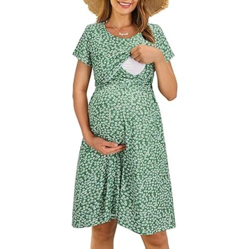 OUGES Womens 2024 Short Sleeve Summer Floral Maternity Dresses Nursing Gown Breastfeeding Clothes