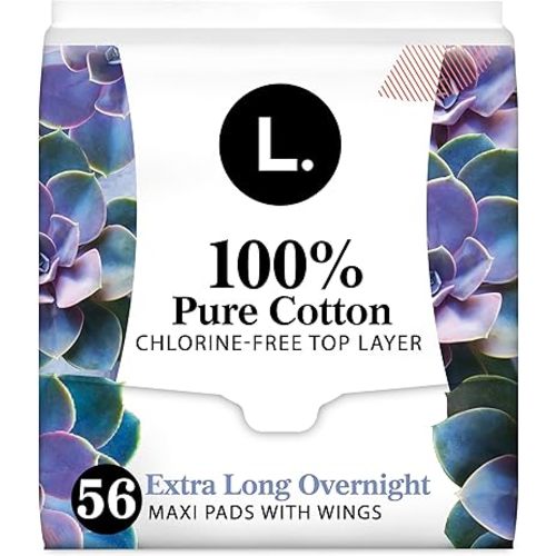 L. Pure Cotton Topsheet Pads for Women, Extra Long Overnight Pads, Maxi Pads with Wings, Unscented Menstrual Pads, 28 Count x 2 Packs (56 Count Total) (Packaging May Vary)