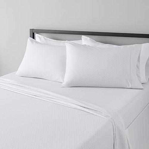Amazon Basics Lightweight Super Soft, Comfortable Easy Care Microfiber 4 Piece Bed Sheet Set with 14-Inch Deep Pockets, Queen, Gray Crosshatch, Printed