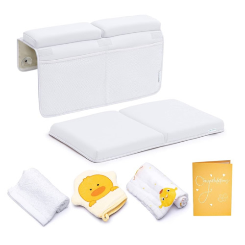 Bath Kneeler and Elbow Rest Pad, Extra Thick Baby Bath Kneeling Pad and Elbow Pad for Bathtub. Bath Tub Elbow Pad with Infant Toy and Baby Accessories Organizer, Off White Color