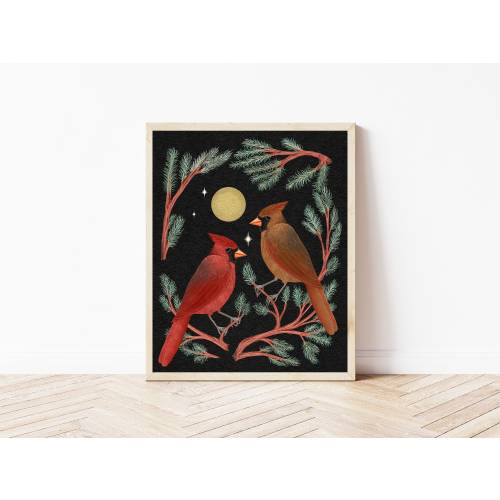Cardinals and Pine Folk Art Nature Print - Colorful Birds and Moon Illustration - Witchy, Celestial, Cottagecore Wall Décor - Holiday Art
