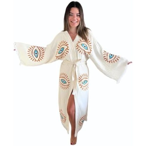 Handmade Evil Eye Kimono - Women Beach Cover Up - Festival Bohemian Robe - Boho Cotton Cardigan - Dressing Gown