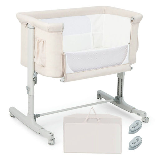 Canddidliike Portable Baby Bedside Bassinet with 5-level Adjustable Heights and Travel Bag-Beige, Bedside Bassinet, Easy to Fold and Carry Travel Bassinet