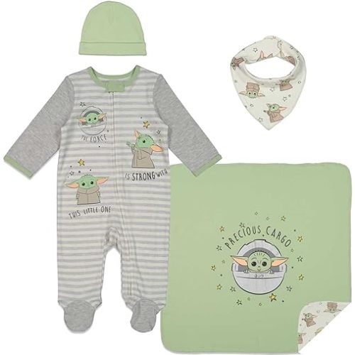 STAR WARS The Mandalorian The Child Zip Up Sleep N' Play Coverall Bib Blanket and Hat 4 Piece Outfit Set Newborn