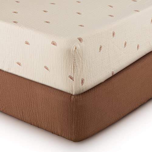 Muslin Crib Sheets for Girls and Boys, 100% Cotton Boho Neutral Fitted Baby Crib Sheet for Standard Crib Mattress & Toddler Bed Mattress (52"x28"), Soft Breathable Baby Sheets 2 Pack (Sunshine&Brown)