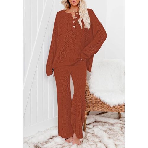 Pink Queen Women's 2 Piece Outfit Set Long Sleeve Button Pullover Sweater Top and Wide Leg Pants Knit Sweatsuit