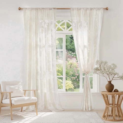 NICETOWN Vintage Lace Sheer Curtain for Bedroom Rod Pocket Light Filtering Romantic Farmhouse Sheer Window Treatment for Livingroom, Linen, 52"x84", 2 Panels