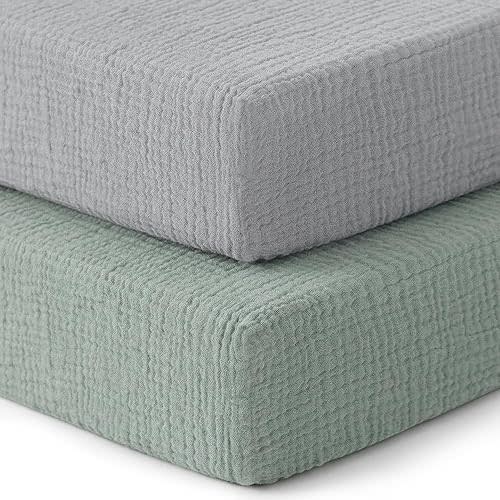 Pro Goleem 2 Pack Muslin Crib Sheets for Boys and Girls, Soft Breathable Neutral Fitted Cotton Baby Bed Sheets Set for Standard Crib Mattress & Toddler Mattress 52"x28", (Grey＆Green)