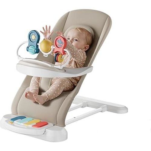 Baby Bouncer, Baby Bouncer Seat with Detachable Pianos & Feeding Tray, 3-Level Adjustable Positions Bouncing Seat, Infant Bouncer Seat and Toddler Chair (Beige)