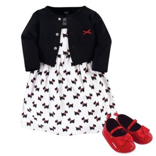 Hudson Baby Infant Girl Cotton Dress, Cardigan And Shoe 3pc Set, Scottie Dog, 3-6 Months