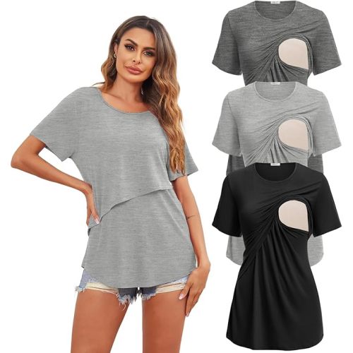 Ekouaer Women's Maternity Shirts Short Sleeves Nursing Tops 3 Pack Double Laye Breastfeeding Tees Pregnancy Clothes S-XXL