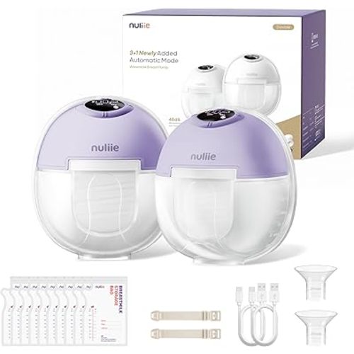 Nuliie Hands-Free Breast Pump, Wearable Breastfeeding Pump 4 Modes 9 Levels with 18/21/24MM Flange, Electric Breast Pump Portable, Replaced Pumping Accessories Included (2 Packs, Purple)