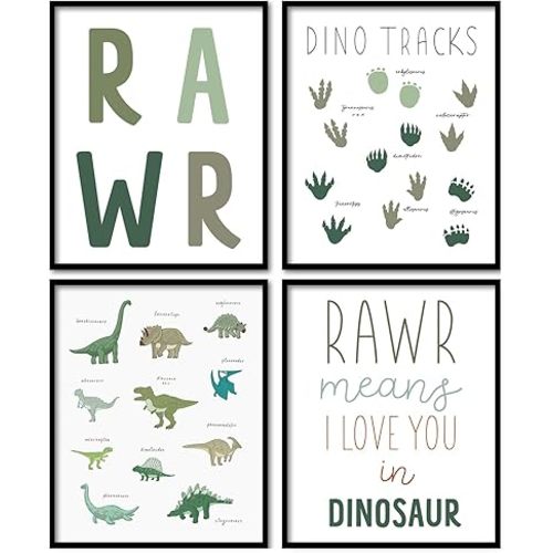 foedor Dinosaur Nursery Decor Wall Art Prints Set of 4, Dinosaur Wall Decor, Dinosaur Decor for Boys Room, Dinosaur Dino Wall Decor Posters for Boys Kids Room Playroom Nursery Classroom, 8x10 Unframed