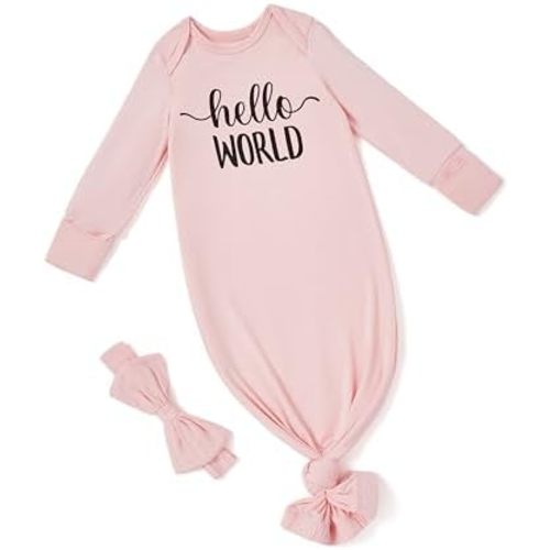 PATPAT Baby Sleeper Gown with Bamboo Viscose for Newborn Girls, Knotted Nightgown with Headband, Infant Home Coming Outfit