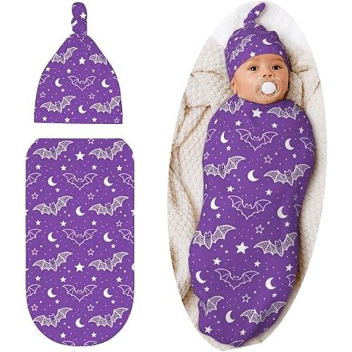 Lcokin Halloween Gothic Swaddle Blanket Hat Set for Boys Girls, Goth Baby Stuff Newborn Receiving Blanket
