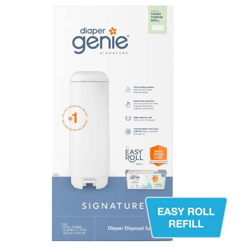Diaper Genie Signature Pail, White, 1 Diaper Pail, 1 Easy Roll Refill 9 Bags, Infant