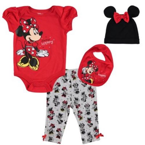Disney Minnie Mouse Newborn Baby Girls 4 Piece Outfit Set: Bodysuit Pants Bib Hat Red Newborn