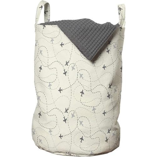 Ambesonne Airplane Print Laundry Bag, Minimalist Modern Pattern of Traveling Themed Silhouettes Simple Ornament, Hamper Basket with Handles Drawstring Closure for Laundromats, 13" x 19", Cream Grey