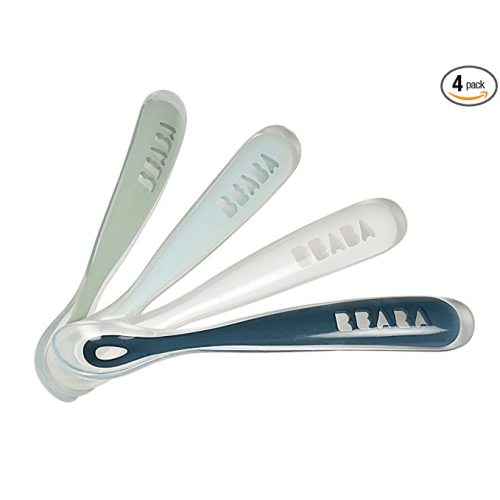 BEABA First Stage Baby Feeding Spoon Set, The Original Soft Tip Silicone Spoons for Babies, Gum Friendly BPA Lead Phthalate and Plastic Free, Great Gift Set (4 Pack), Rain