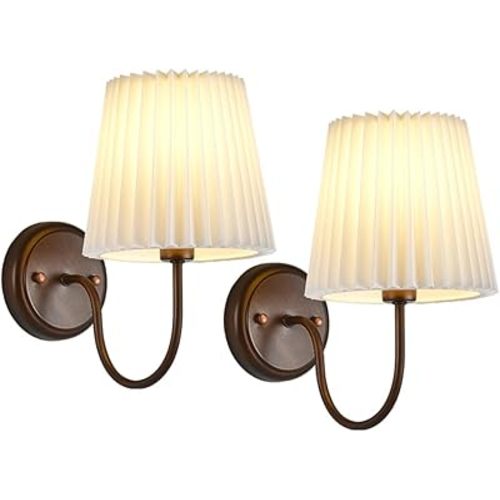 Mid Century Wall Sconce Set of 2 Pleated Fabric Shade Gooseneck Farmhouse Vintage Wall Light Fixture Oil Rubbed Bronze Antique Wall Lamp for Bedroom Bedside Living Room Bathroom Hallway