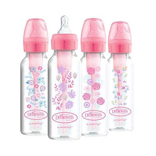 Dr. Brown’s Anti-Colic Options+ Baby Bottles, Narrow, Pink Floral Designs, 8oz, 4 Pack