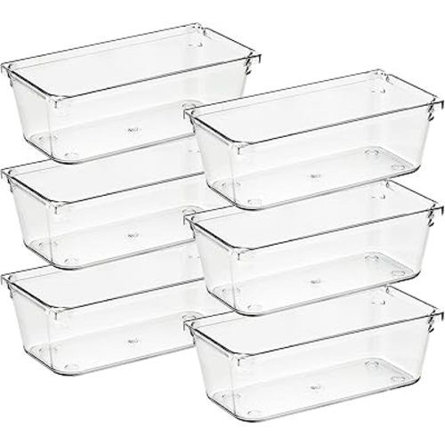 Ravinte 6 Pack Drawer Organizer - 3" X 6" Plastic Storage Bins, Acrylic Organizers with Non-Slip Pads Clear Desk Storage Tray for Makeup, Jewelries, Kitchen Utensils, Bathroom and Office